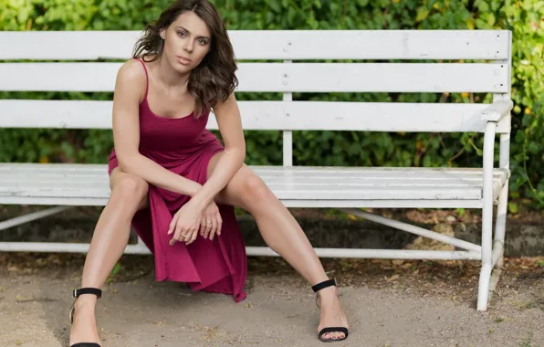 Picture girl, dress, legs, beautiful, model, bench, agnieszka borkowska