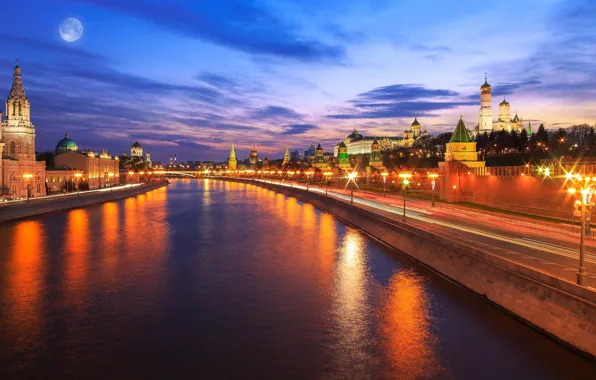 Picture clouds, night, the city, lights, reflection, river, the moon, building