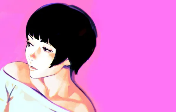 Picture face, haircut, brunette, neckline, shoulders, pink background, Ilya Kuvshinov
