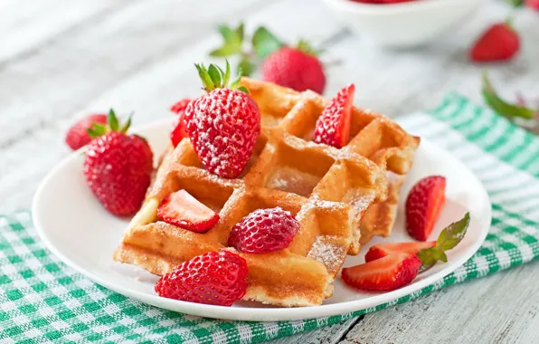 Picture berries, strawberry, dessert, wood, waffles, cakes, napkin, strawberry