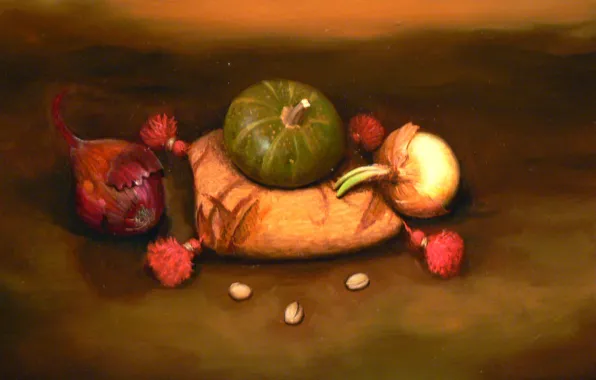 Surrealism, bow, still life, pads, pistachios, Lazarev I. A