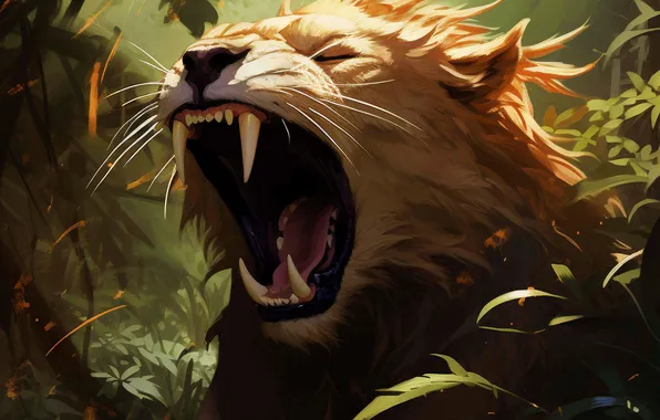 Picture Leo, Fangs, Face, Predator, Digital art, Big cat, Grin, AI art