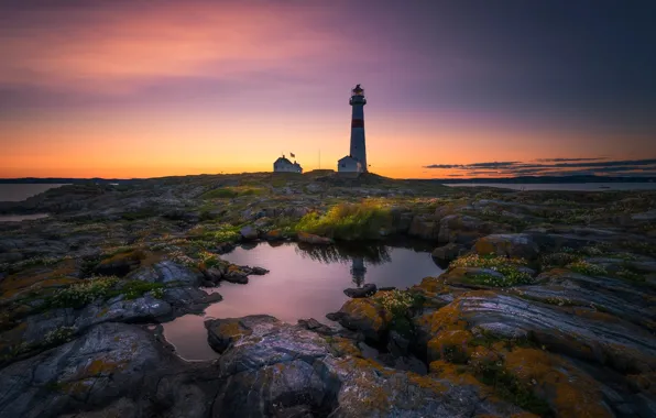 Light, rocks, lighthouse, the evening, morning, puddle