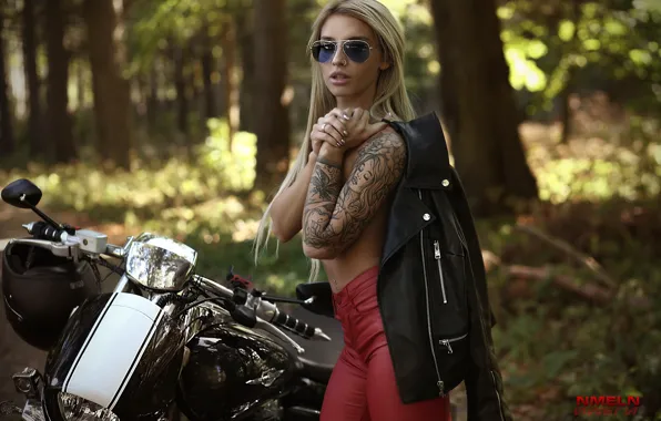 Picture forest, girl, pose, model, tattoo, glasses, jacket, motorcycle