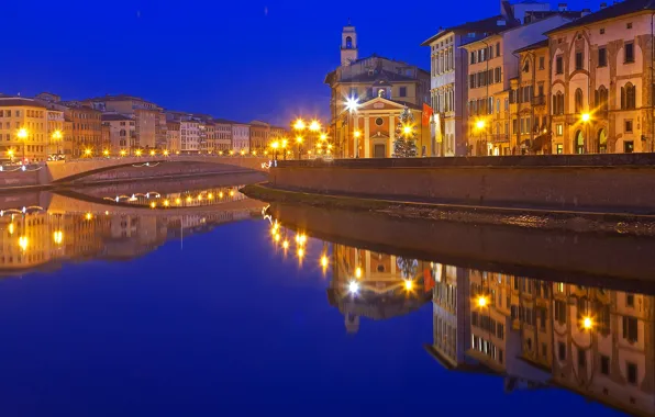 Night, bridge, lights, river, home, Italy, Pisa, Tuscany