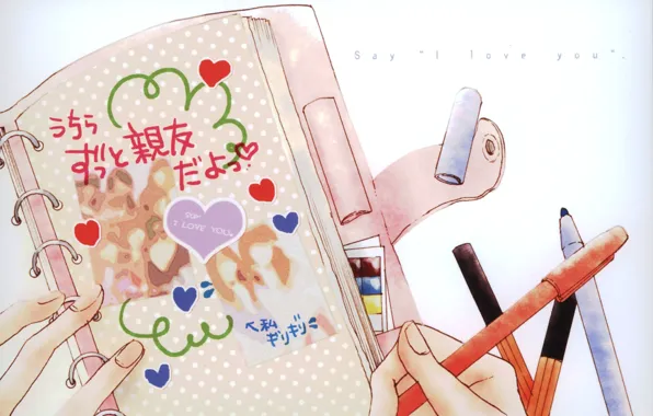 Characters, hearts, Notepad, fingers, stickers, Say I love you, markers, Say I love you