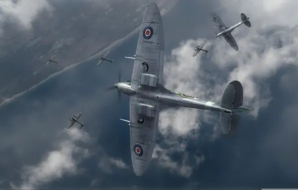 Picture coast, graphics, art, Spitfire, the side, Supermarine, he-111, the English fighter