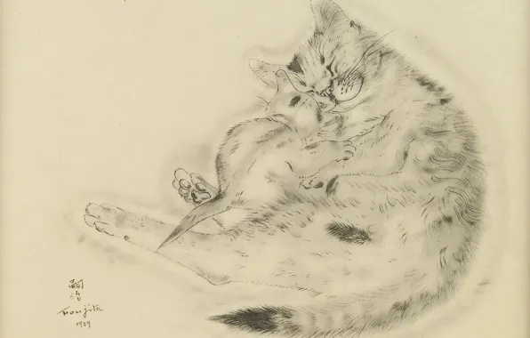 Picture love, kindness, tenderness, sleep, cute, 1929, Tsuguharu Foujita, The Book Of Cats