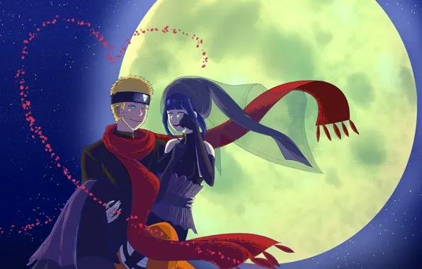 Night, the moon, naruto, art, Uzumaki Naruto, Naruto The Movie the Last, Hinata Hyugo, red …