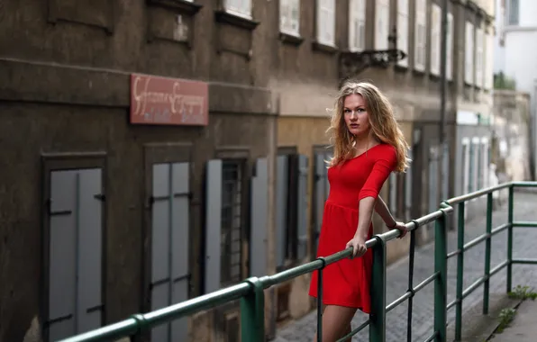 Picture look, girl, the city, dress, in red