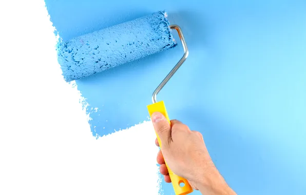 Picture wall, white, blue, paint, paint roller