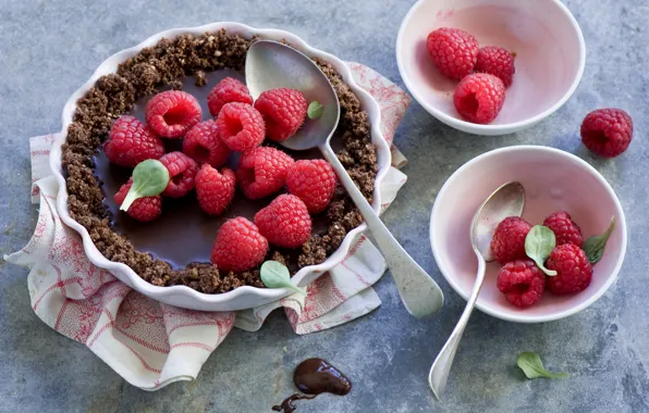 Picture berries, raspberry, pie, spoon, chocolate tart
