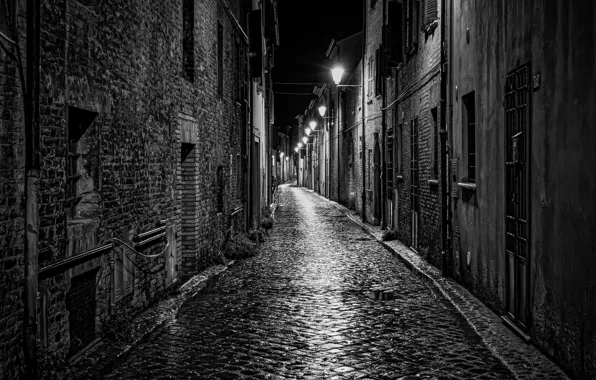 Road, the sky, night, the city, street, home, lights, black and white
