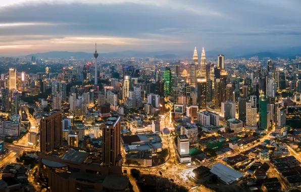 The sky, clouds, light, the city, lights, hills, view, building