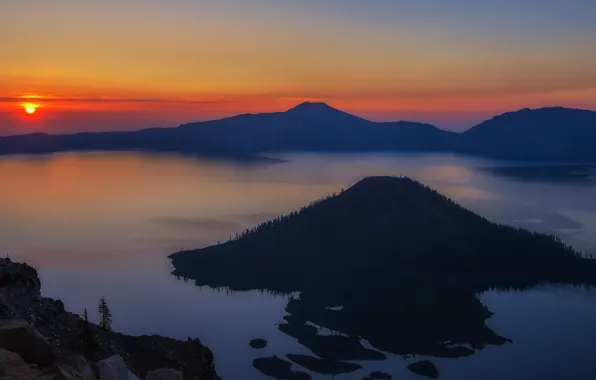 Mountains, lake, dawn, USA, crater, Oregon, Crater Lake