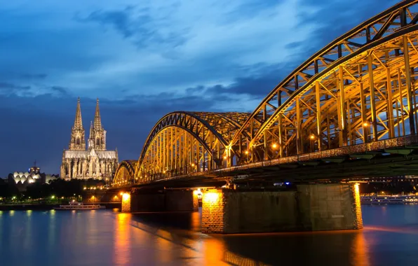 Picture night, bridge, lights, river, Germany, support, Cathedral, Cologne