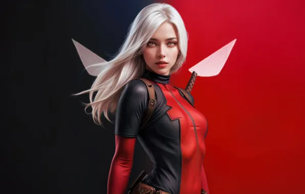 Red, black, digital art, digital art, Superheroes, Lady Deadpool, Blondie, beautiful girlfriend again