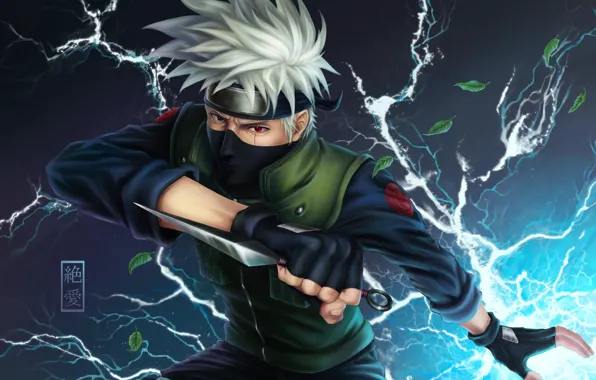 Picture leaves, lightning, gloves, character, bandana, naruto, scar, solo