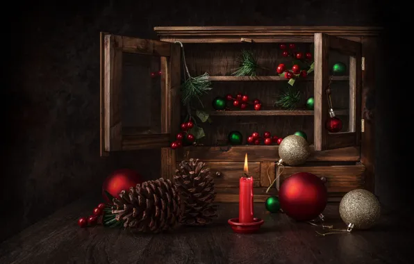 Balls, branches, the dark background, table, toys, Board, candle, fruit