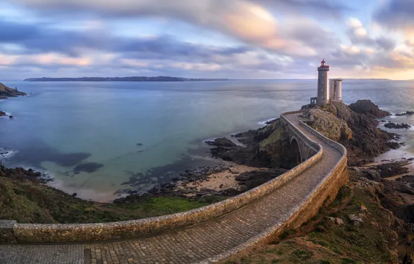 Road, sea, bridge, rocks, lighthouse, pierce, panorama