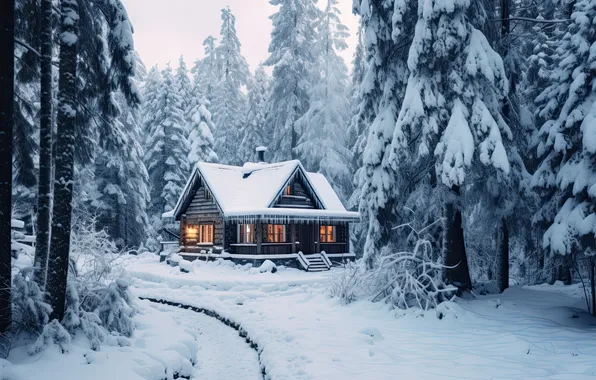 Winter, frost, forest, snow, branches, nature, house, in the snow