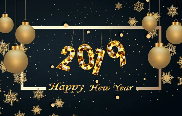 Gold, balls, New Year, figures, golden, black background, black, balls