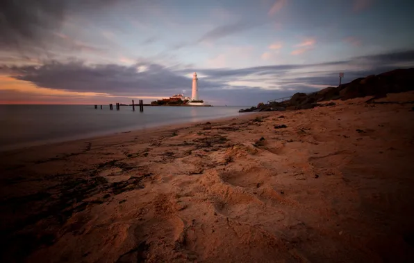 Sand, sea, sunset, stones, shore, coast, lighthouse, England