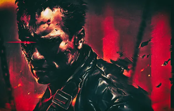 Picture fire, red, red eyes, Terminator, artwork, drawing, cyborg, Arnold Schwarzenegger