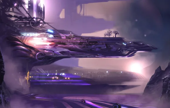 Water, trees, the city, lake, rocks, ship, art, Alex Ruiz