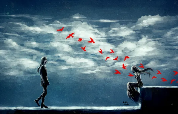 Girl, clouds, birds, serenity, guy, art, nanfe