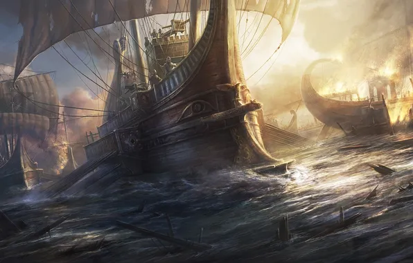 Sea, the wreckage, fire, smoke, sailboat, ships, art, battle