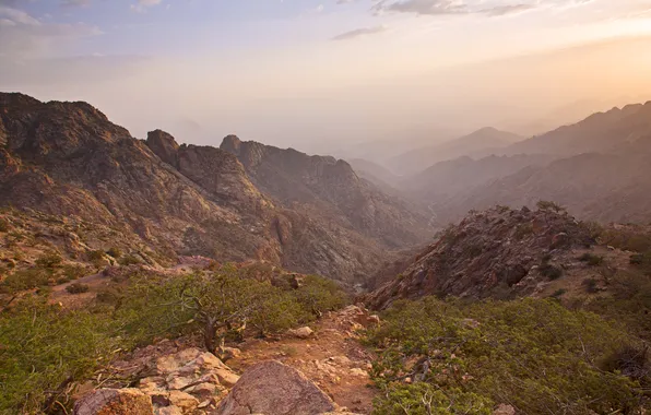 Sunset, mountains, stones