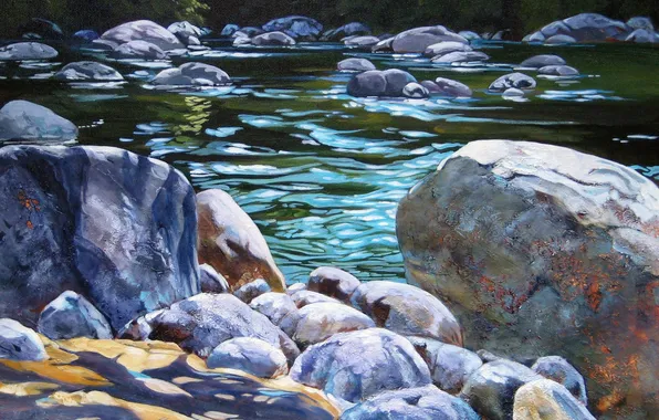 Water, glare, river, stream, stones, picture, art, Carmen Clare