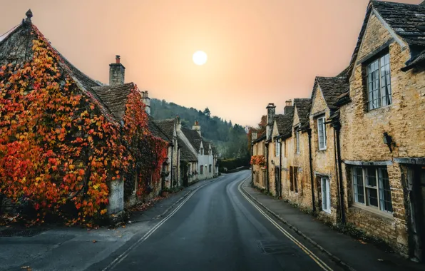 Picture house, morning, road, dawn, highway, town, the sun, autumn