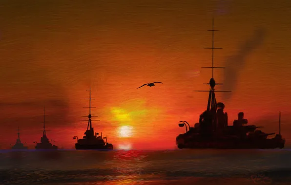 Picture sea, the sky, ships, painting, dreadnoughts
