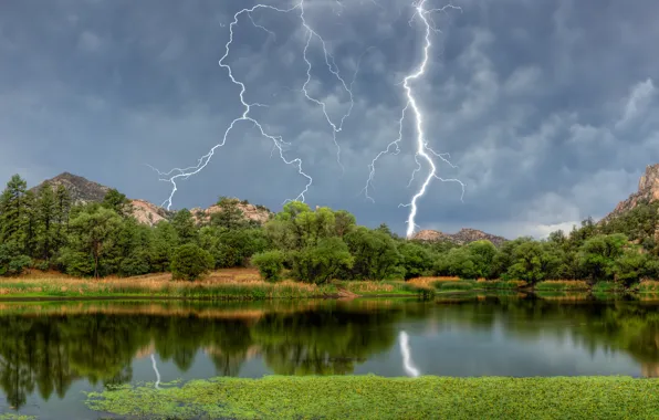 Picture forest, mountains, lake, lightning, AZ, Arizona, Granite Basin Lake