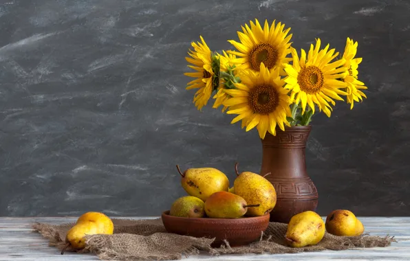 Sunflowers, yellow, vase, fruit, still life, pear, burlap