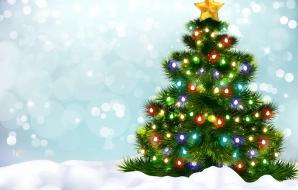 Picture winter, stars, balls, snow, glare, lights, graphics, new year