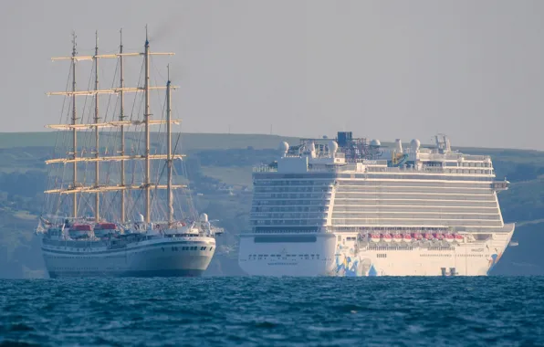 Sailboat, cruise liner, on the roads