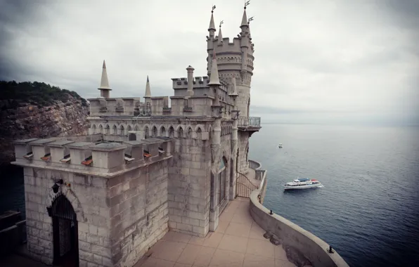 Sea, clouds, castle, horizon, Russia, Crimea, Swallow's nest, Cape