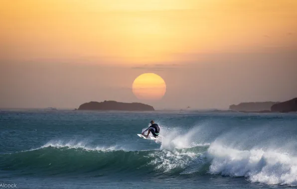 Wave, sunset, the ocean, surfing