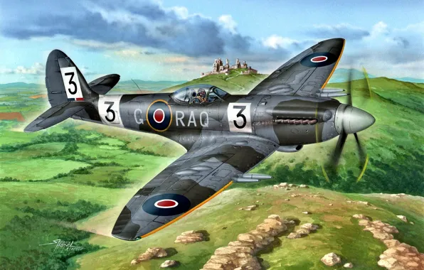 Picture fighter, artwork, RAF, piston, Supermarine, UK, Spitfire F.Mk.22