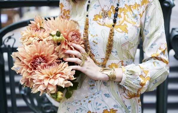 Picture girl, decoration, flowers, hands, dress, ring, beads, bracelet
