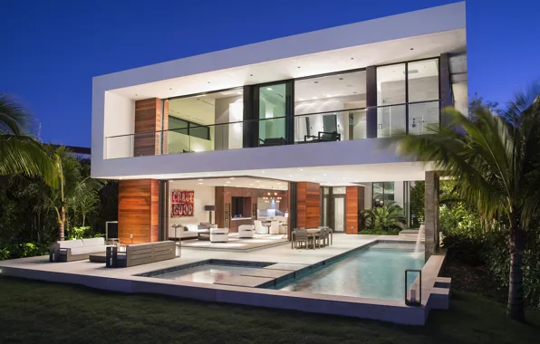 House, palm trees, the evening, pool, lighting, architecture, terrace, interior-exterior
