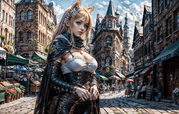 Picture long hair, blue eyes, women, blonde, standing, looking at viewer, cat girl, AI art