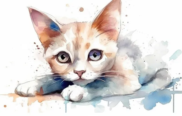 Cat, white, cat, look, pose, kitty, legs, watercolor