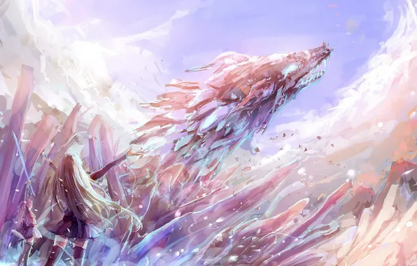 Picture ice, the sky, weapons, girls, dragon, sword, anime, art