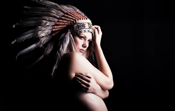 Picture look, girl, face, feathers, headdress