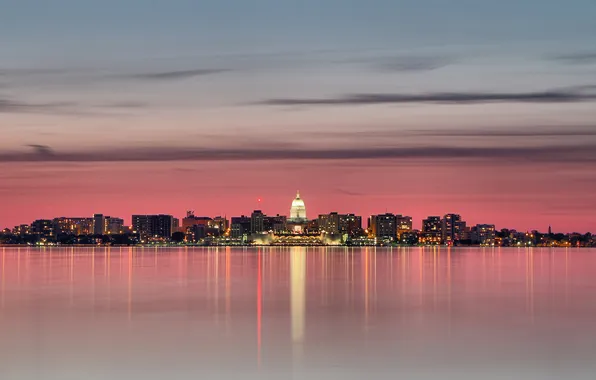 Picture water, the city, reflection, the evening, backlight, USA, USA, Wisconsin