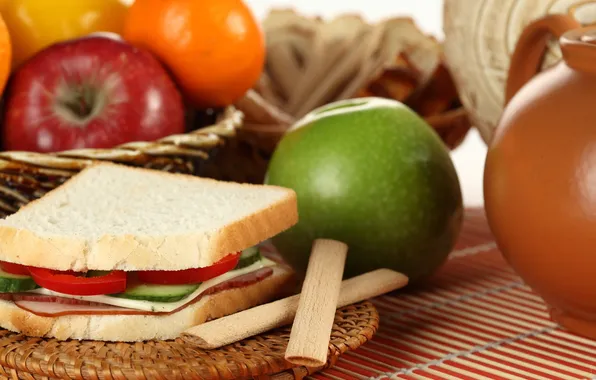 Apples, bread, fruit, sandwich, vegetables